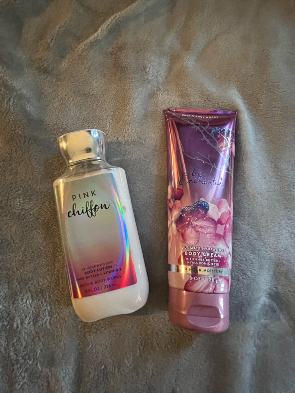 Pink Chiffon and Be Enchated lotion and body cream